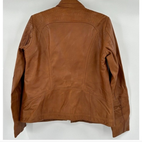 Quince Women's Cognac-Brown Leather Stand-Collar Jacket sz XL Full Zip NWT - Picture 2 of 8